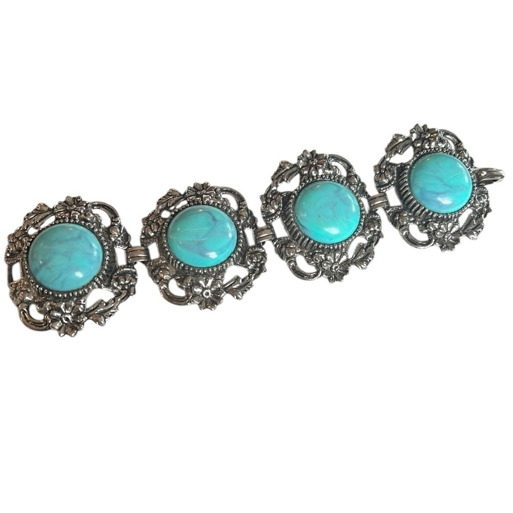 Vintage Faux Turquoise Silver Chunky Boho Western Bracelet